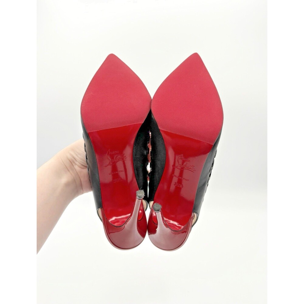 Christian Louboutin Black & Red Ostri Whipstitch Slingback Heels Size EU 38.5 - Picture 8 of 11